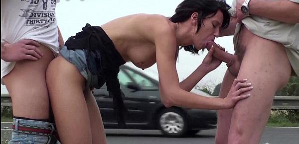  Risky PUBLIC sex threesome by a highway with a young teen petite girl